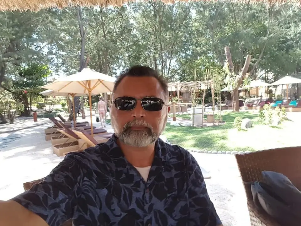 Cary at a tropical resort in Indonesia